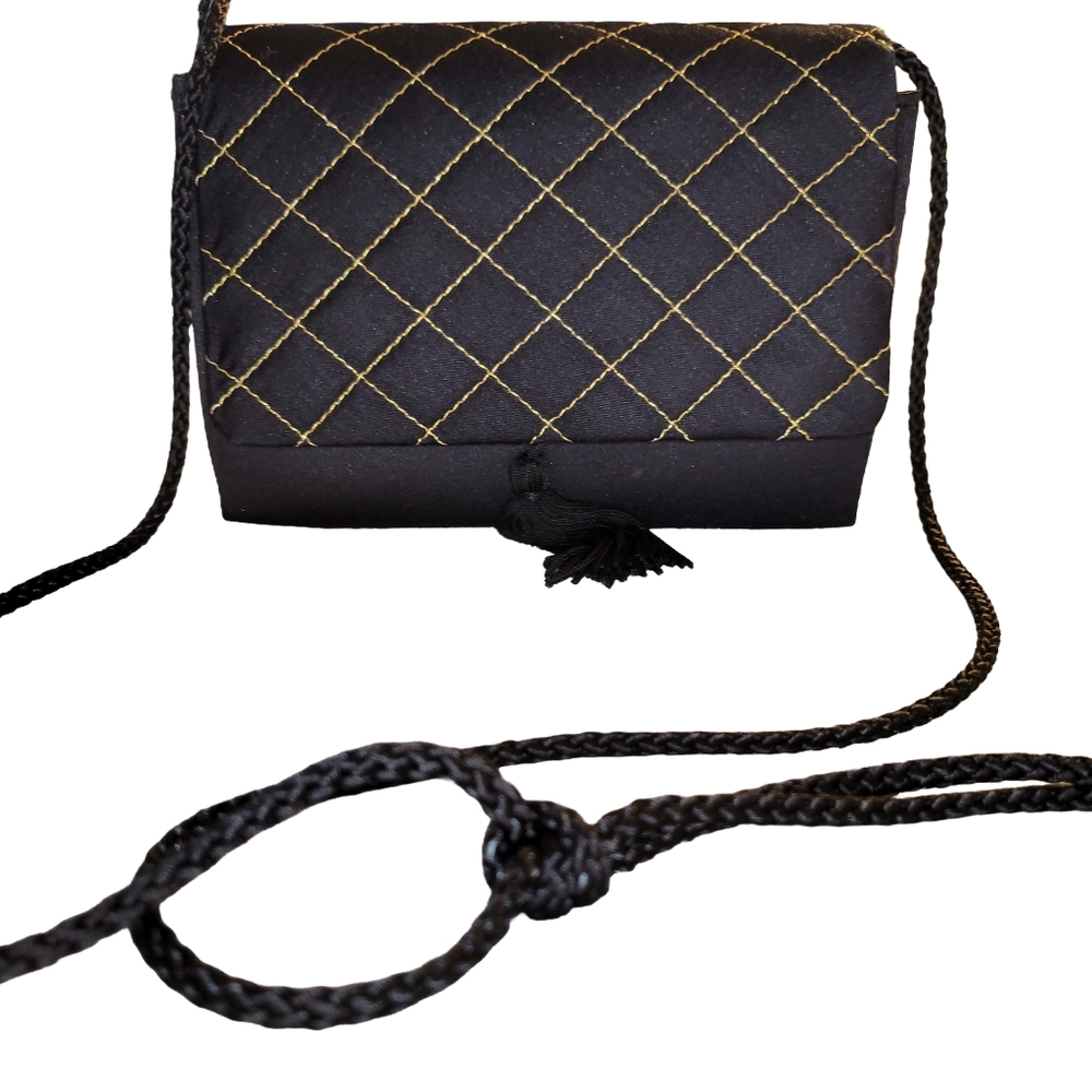 Vintage Black & Gold Quilted Evening Crossbody Bag Clutch Satin Tassle EUC